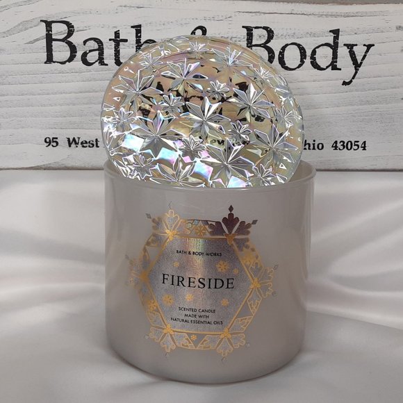 BATH & BODY WORKS 'FIRESIDE' 3~WICK SCENTED CANDLE DECORATIVE IRIDESCENT TOP - Picture 9 of 9